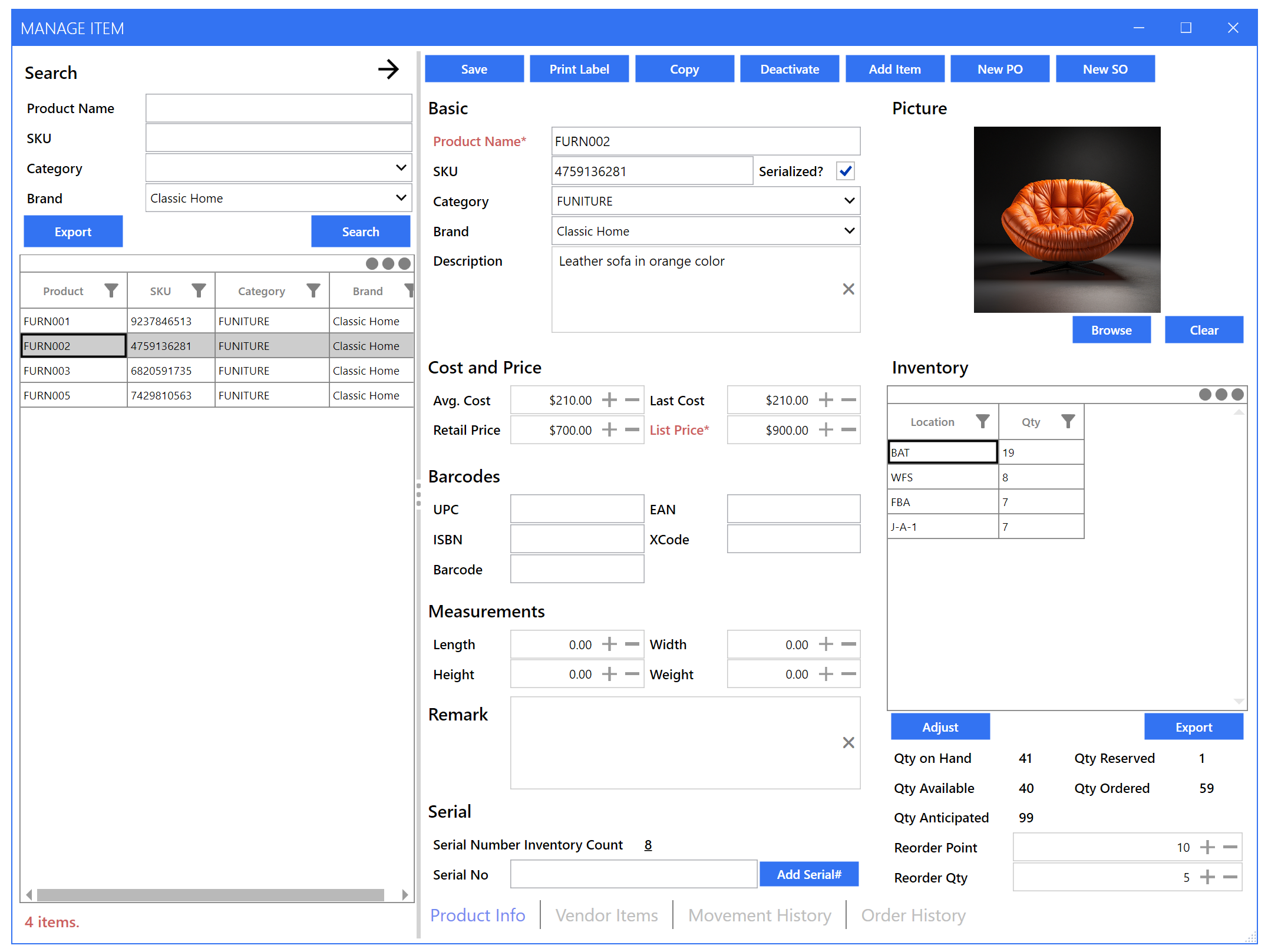 screenshot of C2W Inventory Management System